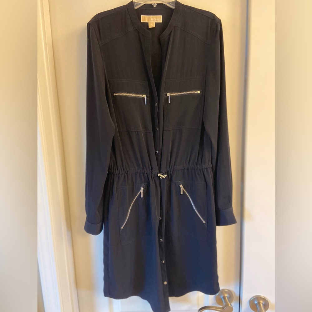 Michael Kors silk Navy Dress in medium with snap closure and zip pockets